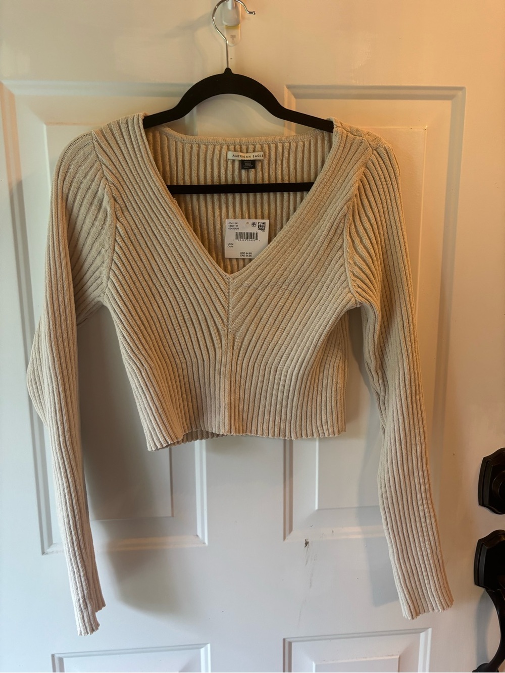 American Eagle Outfitters Women's Ribbed V-Neck Sweater in Cream